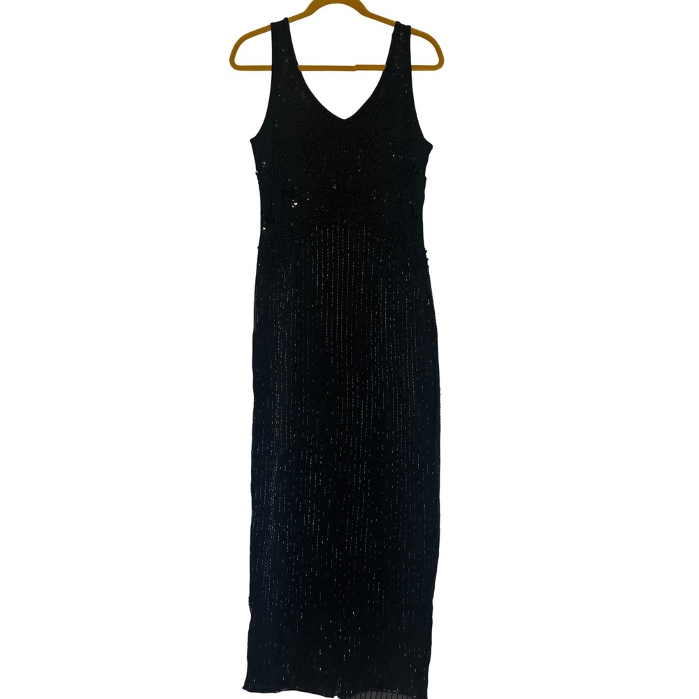 Kamsau Vintage Black Beaded Sequin Maxi Dress Sleeveless Formal Gown Side Slit